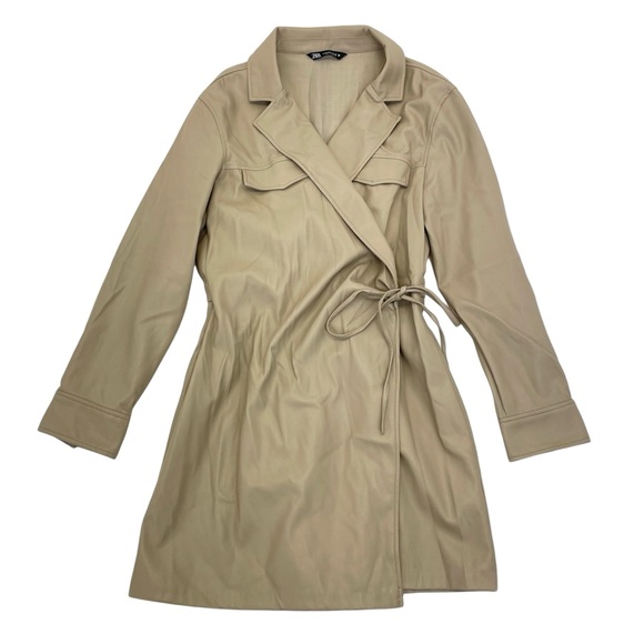 ❣️🎉HP🎉❣️Zara Blogger Favorite Faux Leather Wrap Dress XL Taupe/Tan - Picture 2 of 15